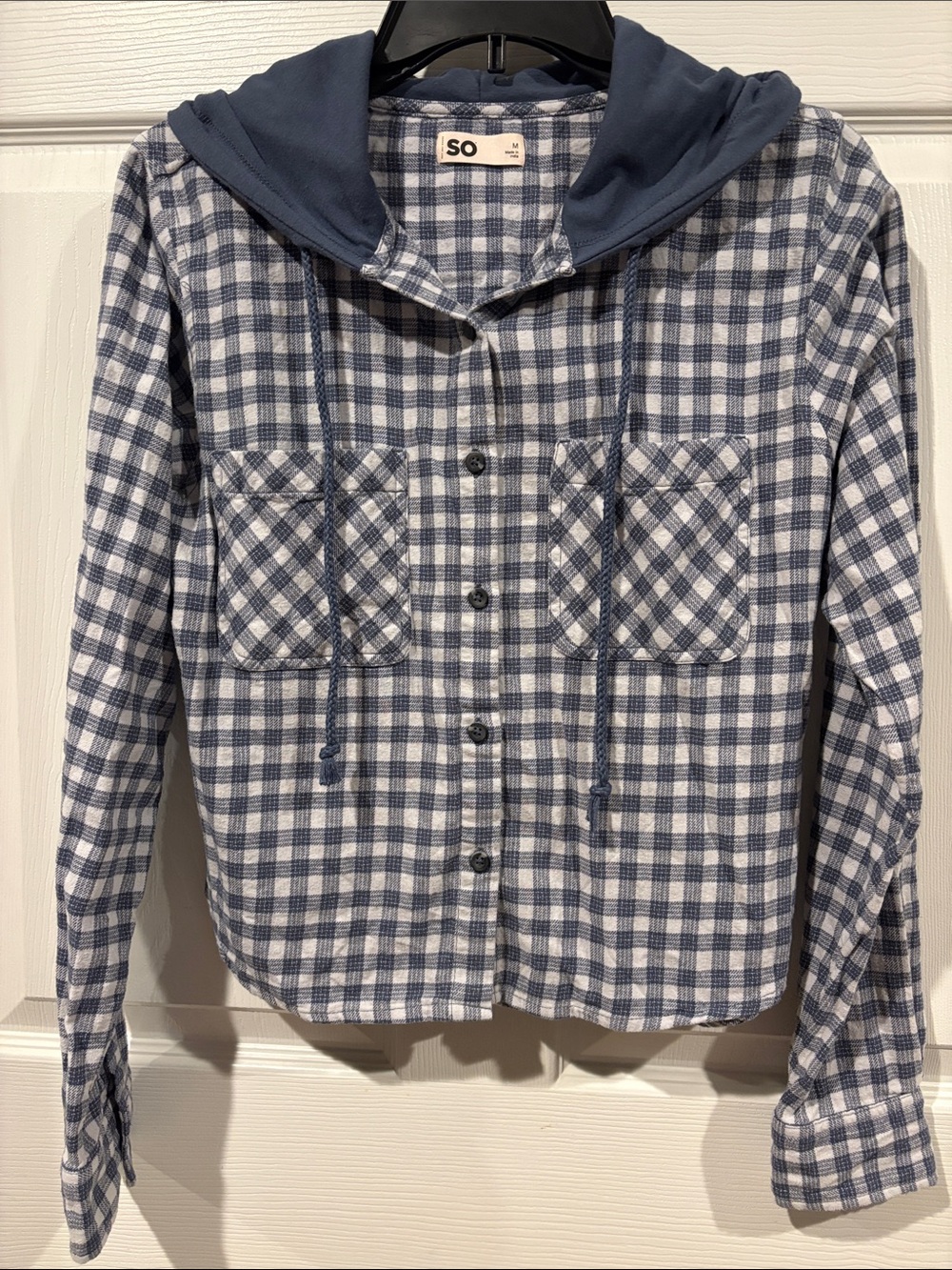 SO Navy and White Plaid Hooded Button-Down Shirt